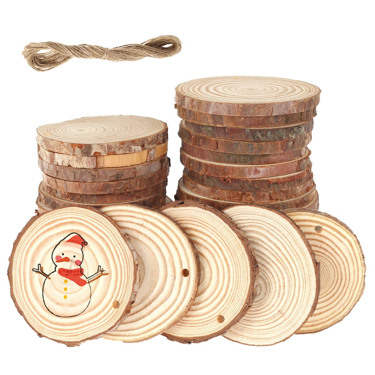 30pcs Natural Wood Slices Unfinished Wooden Log Kit Predrilled Wood Chip with Rope Round Wooden Circles for Arts Painting DIY Crafts Wedding Decorations Christmas Ornaments